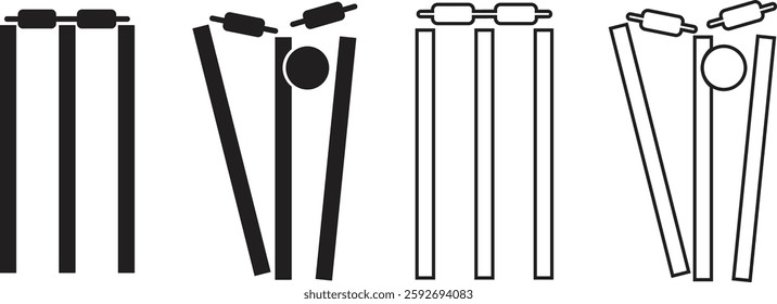 Set of cricket wicket icons in trendy flat and line styles. Cricket related art vectors illustration collection. Sports sign for mobile app and web design pictogram isolated on transparent background.