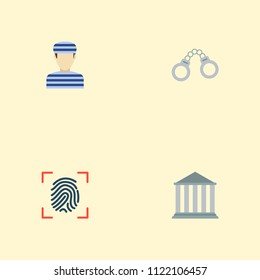 Set of crime icons flat style symbols with convict, handcuffs, court icons for your web mobile app logo design.