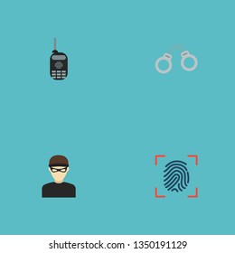 Set of crime icons flat style symbols with radio, fingerprint, handcuffs icons for your web mobile app logo design.
