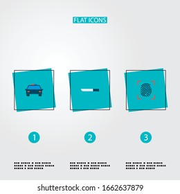 Set of crime icons flat style symbols with fingerprint, knife, automobile and other icons for your web mobile app logo design.