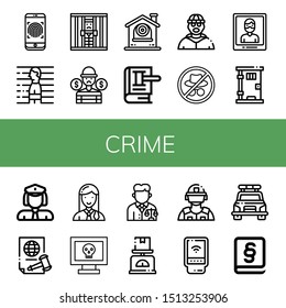 Set of crime icons such as Fingerprint, Prisoner, Jail, Thief, Cctv, Law, Burglar, Hacker, Arrest, Prison, Policewoman, Justice, Lawyer, Scale, Riot police, Detector, Police car , crime