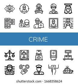 Conjunto de iconos de crimen. Como hacker, identificación con huellas digitales, ladrón, juez, abogado, arresto, escala, preso, sospechoso, libro de leyes, huella digital, policía, detector , íconos del crimen