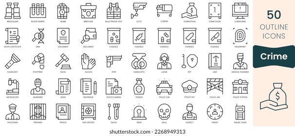 Conjunto de iconos de crimen. Iconos de estilo lineal delgado Empaquetar. Ilustración vectorial