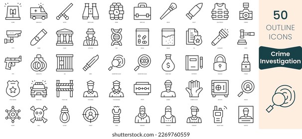 Conjunto de iconos de la investigación del delito. Iconos de estilo lineal delgado Empaquetar. Ilustración vectorial