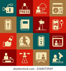 Set Crime news, Information, Mobile recording, Weather forecast, Notebook, Cinema camera and Antenna icon. Vector