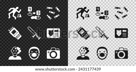 Set Crime scene, Marker of crime, Bullet, Murder, Doctor pathologist, Photo camera, Walkie talkie and Police rubber baton icon. Vector