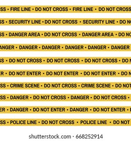 Set of Crime scene yellow tape, police line, danger, fire, Do Not Cross tape. Cartoon flat-style. Vector illustration. White background.