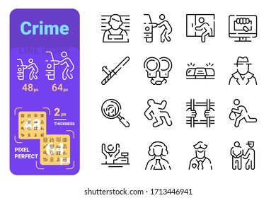 Stellen Sie einfache Linien der Kriminalität Symbole der Ausrüstung für den Fang von Kriminellen. Konzeption Sammlung moderne Symbole für Polizei, Internet, Werbung, Web. Pixel perfekt. Vektorillustration.