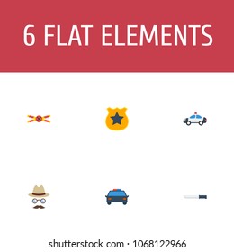 Set of criminal icons flat style symbols with detective, cop car, crime scene and other icons for your web mobile app logo design.