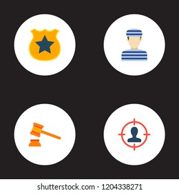 Set of criminal icons flat style symbols with hammer, convict, suspect and other icons for your web mobile app logo design.
