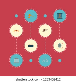 Set of criminal icons flat style symbols with handcuffs, fingerprint, crime scene icons for your web mobile app logo design.