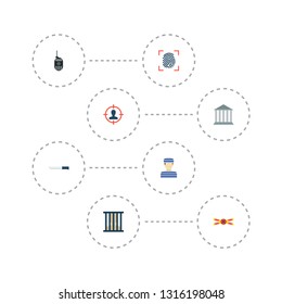 Set of criminal icons flat style symbols with crime scene, radio, knife and other icons for your web mobile app logo design.