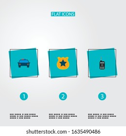 Set of criminal icons flat style symbols with automobile, radio, police badge and other icons for your web mobile app logo design.