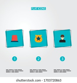 Set of criminal icons flat style symbols with flasher siren, criminal, police badge and other icons for your web mobile app logo design.