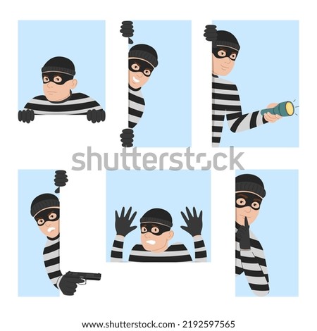 Set of criminal looking out of corners vector isolated. Illustration of a thief hiding behind the wall. Dangerous character in mask.
