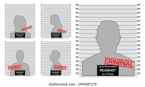 set of criminal mug shot line police isolated or police line up mug shot silhouette or anonymous criminal mug shot template with scale ruler on background. eps vector
