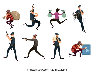 Set Of Criminal And Policeman On White Background. Cartoon Vector Illustration. Funny Burglar Guy And Happy Police Officer With Gun In Various Action Poses. Crime, Theft, Law Concept For Banner Design