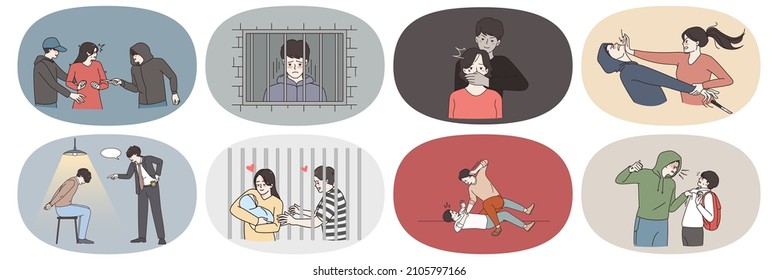 Set Of Criminal Threaten Victim Show Violence And Abusive Behavior. Convicted Thief Or Bandit Arrested For Misdemeanor Or Crime, Sit In Jail Or Prison. Law And Order. Flat Vector Illustration. 