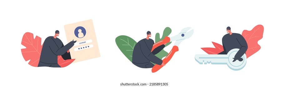 Set of Criminals, Burglars, Hackers Or Crackers Wearing Black Hats, Masks And Clothes Holding User Information, Cutters and Key for Stealing Personal Data From Pc. Cartoon People Vector Illustration