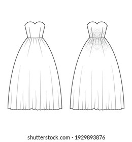 Set of Crinoline dresses technical fashion illustration with strapless sweetheart neckline, long floor length, full skirt, embellishment motif. Flat front, white color style. Women unisex CAD mockup