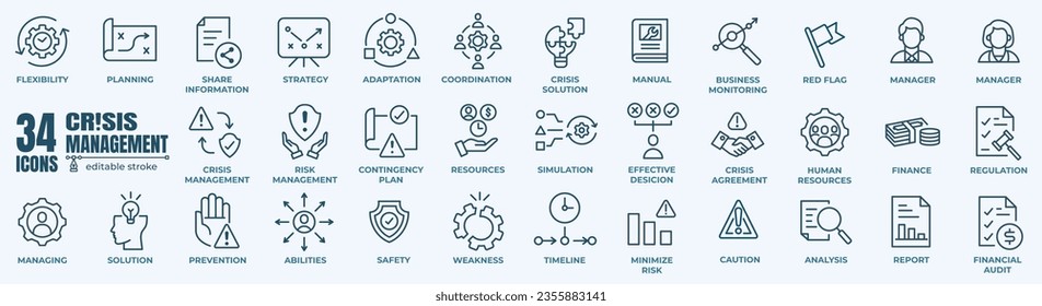 Set of crisis and risk management Icon. Simple line art style icons pack. Vector illustration. Editable line