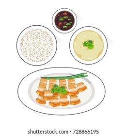 Set of crispy pork , sauce with rice and soup.