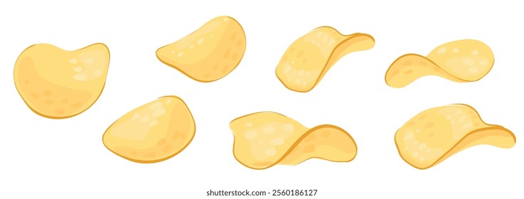 Set of crispy salted potato chips of different shapes. Salty snacks from vegetable. Vector isolated illustration. For packaging, advertising, decoration, design.