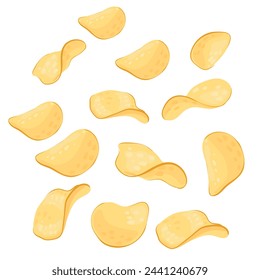 Un conjunto de chips salados crujientes de diferentes formas. Imagen vectorial. Para embalaje, publicidad, decoración