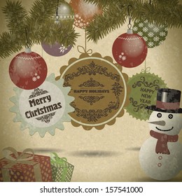 Set of cristmas badges and holiday icons, snowman and gifts