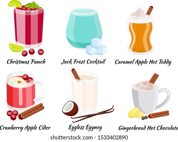 Set of cristmas cocktails flat vector illustration isolated on white background