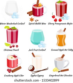 Set of cristmas cocktails flat vector illustration isolated on white background