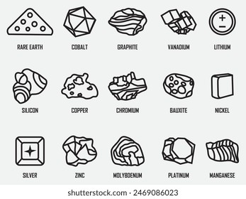 conjunto de iconos de contorno de recursos minerales críticos.materia prima para la Ilustración vectorial de transición energética