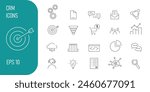 A set of CRM icons. Customer relationship management system. Icons: cloud storage, sales funnel, purchases, data, communication, sales department, communication and others