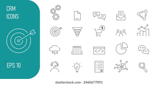 A set of CRM icons. Customer relationship management system. Icons: cloud storage, sales funnel, purchases, data, communication, sales department, communication and others