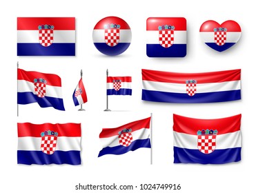 Set Croatia flags, banners, banners, symbols, relistic icon. Vector illustration of collection of national symbols on various objects and state signs