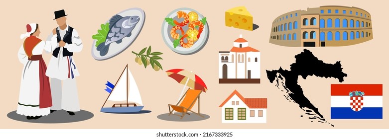 
Set of Croatia illustrations. Characters in national costumes of Croatia. Famous architecture, dishes of Croatia, Amphitheater (Pula), beach and boat, map and flag of Croatia. Vector illustration svg