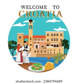  Set of Croatia illustrations. Characters in national costumes of Croatia. Famous architecture, dishes of Croatia, Vector illustration. Travel agency advertising banner svg