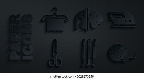 Set Crochet hook, Electric iron, Scissors, Yarn ball,  and Hanger wardrobe icon. Vector