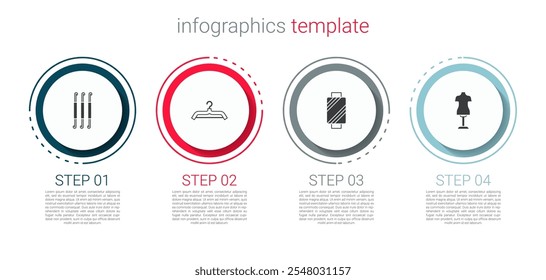 Conjunto gancho de ganchillo, armario de percha, hilo de coser en carrete y maniquí. Plantilla de infografía de negocios. Vector