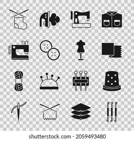 Set Crochet hook, Thimble for sewing, Textile fabric roll, Sewing machine, button, Knitting needles and Mannequin icon. Vector
