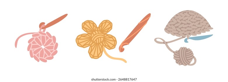set of crochet items. napkin, flower, hat. small hat, skein of yarn. cozy atmosphere. handmade. flat color isolated illustration. postcards, packaging, social media posts, topic of care and coziness