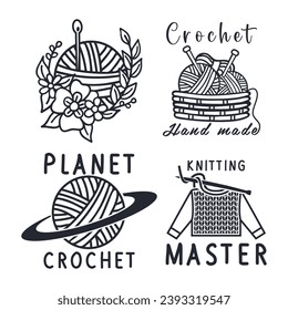 Set of crochet knitting vector illustration. Crochet quote logo clipart.