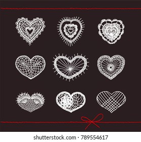 A set of crocheted hearts with Valentine's day. I love you. Knitted flowers, embroidery lace.