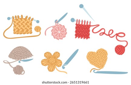 conjunto com itens de malha. guardanapo, flor, chapéu, cachecóis. Agulhas e ganchos. atmosfera acolhedora. artesanal. ilustração isolada de cor plana. cartões postais, postagens de mídia social, temas de cuidado e aconchego