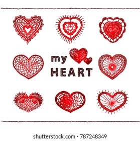 A set of crocheted red hearts with Valentine's day. I love you. Knitted flowers, embroidery lace. Lettering for printing on t-shirts.