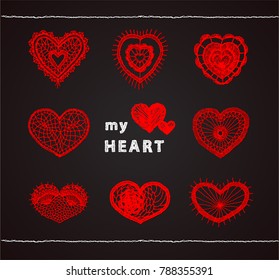 A set of crocheted red hearts with Valentine's day. I love you. Knitted flowers, embroidery lace. Lettering for printing on t-shirts.