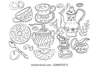 Set crockery cups spoons teapots tea party coffee service graphic illustration hand drawn set isolated on white background