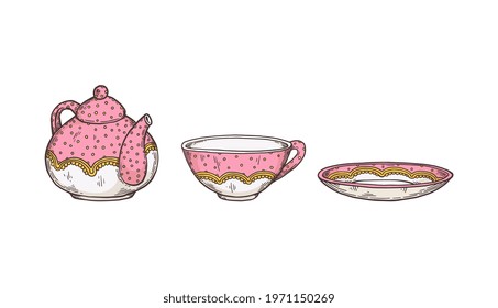 Set of crockery for tea brewing and drinking sketch cartoon vector illustration isolated on white background. Tea-set consisting of tea pot and cup with saucer.