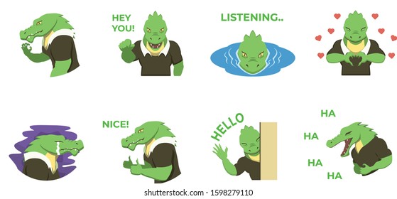 Set of Crocodile Character Vector Set Wearing Clothes with multiple expressions