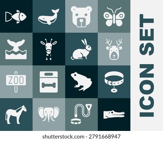 Set Crocodile, Collar with name tag, Deer head antlers, Bear, Giraffe, Whale tail in ocean wave, Fish and Rabbit icon. Vector